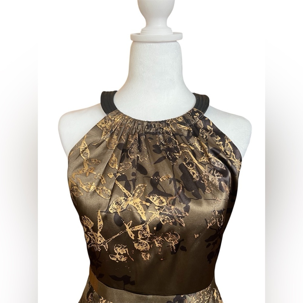 Tahari Olive Green, Gold and Black Sheath Dress, Midi, Racerback - Picture 2 of 9